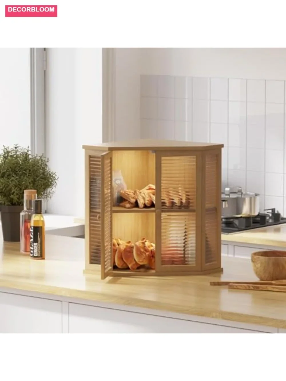 Corner Bread Box - Wood with Glass Door, Large Kitchen Countertop Storage for